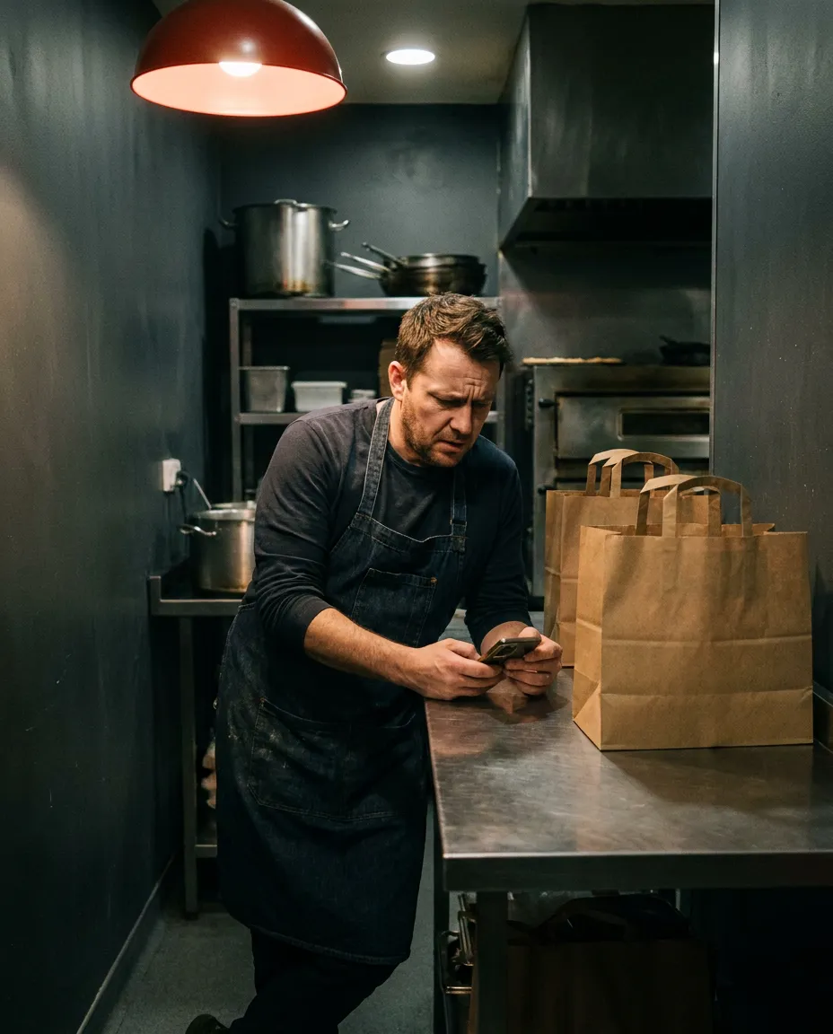 Dono de restaurante na cozinha olhando o celular, com pedidos de delivery parados no balcão
